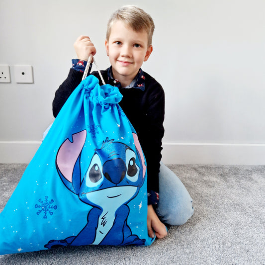 vivid blue colouring sack, complete with a large, glittery printed image of Stitch from Lilo & Stitch. 