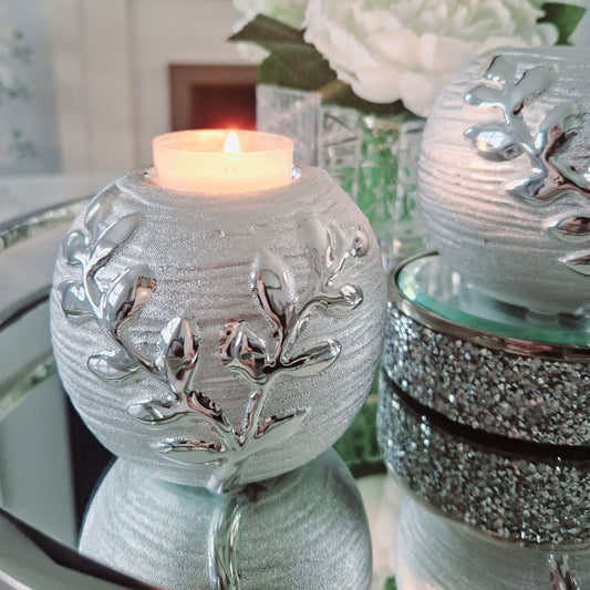 silver branched electro-plated ceramic tea light holder with  Non-slip protective foam feet