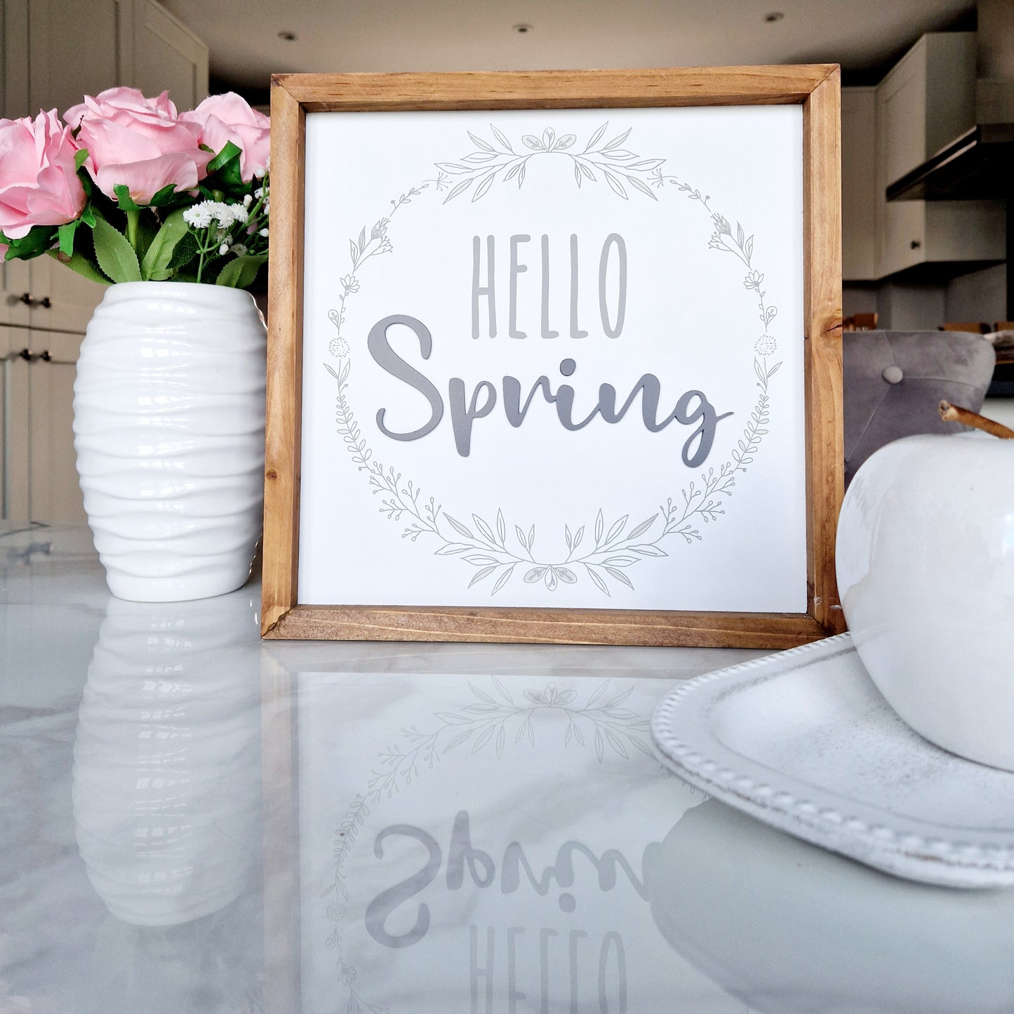 Hello Spring Plaque with wooden frame and floral detail