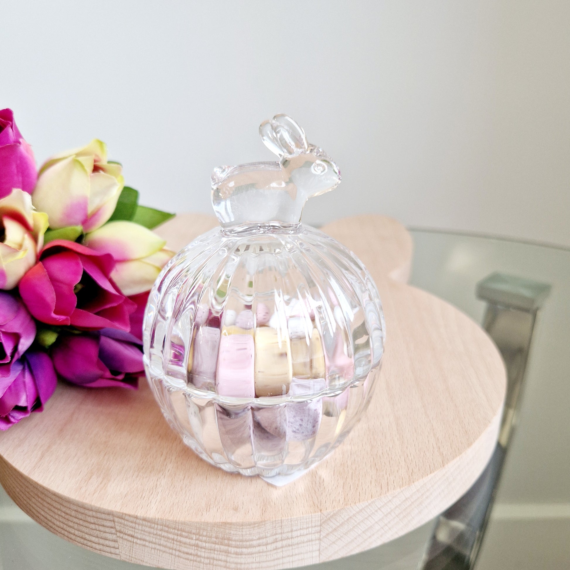 glass storage jar with a mini bunny sat on the lid