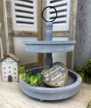 Grey 2 tiered tray for styling seasonal decor langs 