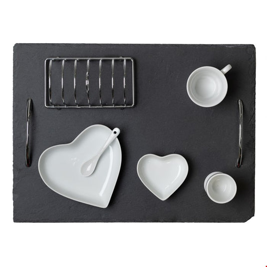 7 piece breakfast in bed set with a slate tray, heart dishes and toast rack