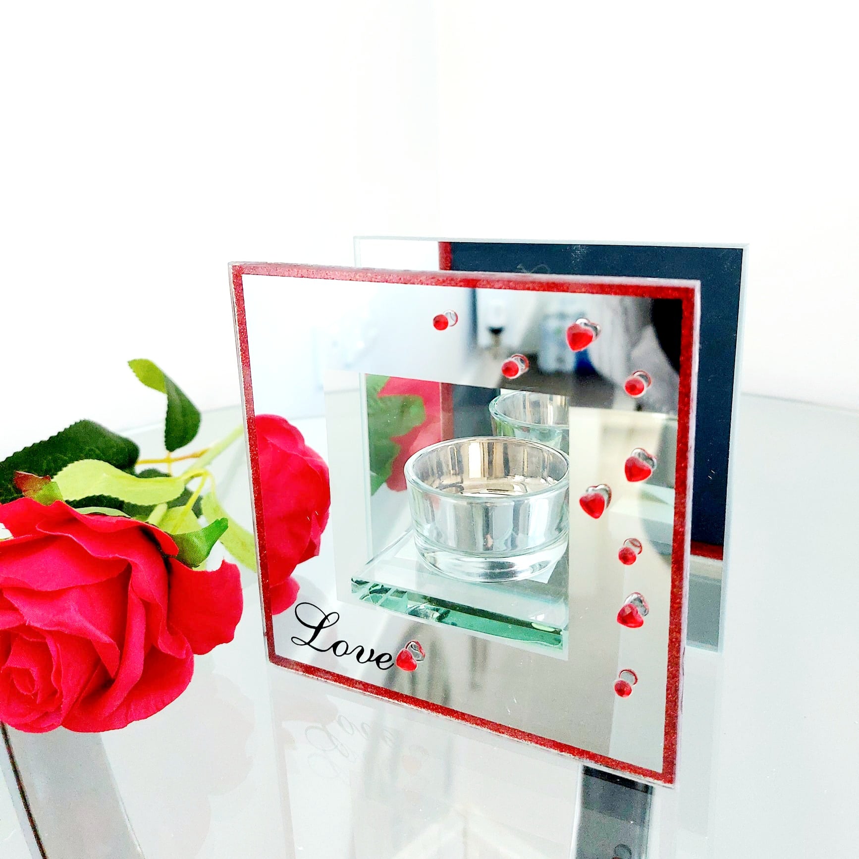 mirrored glass, red glitter and red crystal heart tea light holder with love font