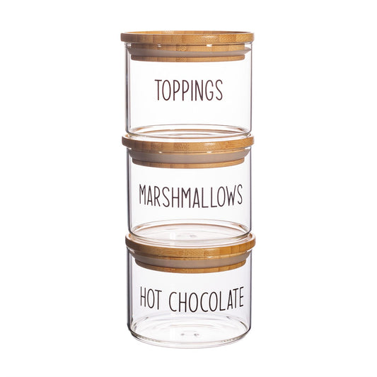 Hot chocolate stacking jars Created from both glass & bamboo, with air tight lids & silicone bands 