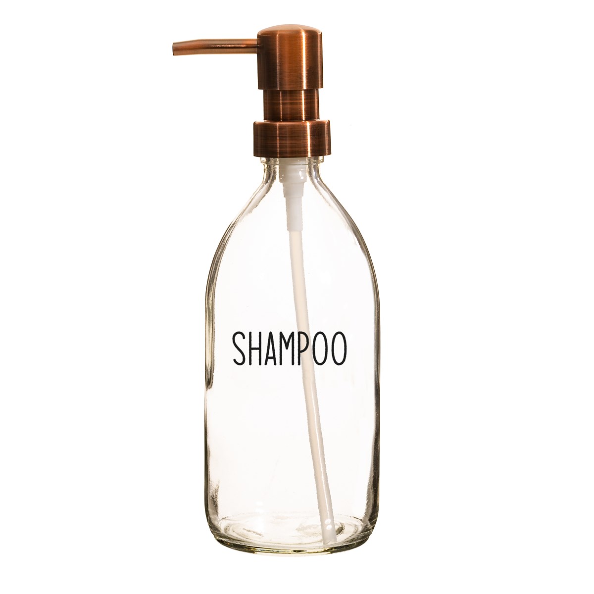 clear shampoo refillable bottle with brass pump head and black shampoo text 