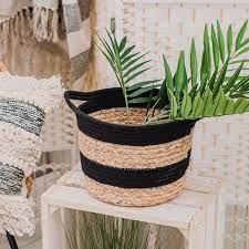 Black rope and grass stripe basket for storing small items or towels 