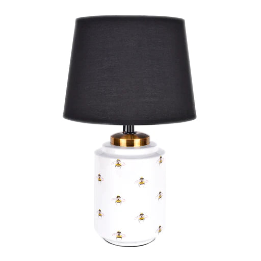stylish ceramic Bee lamp with black cotton lamp shade and bumblebee pattern.