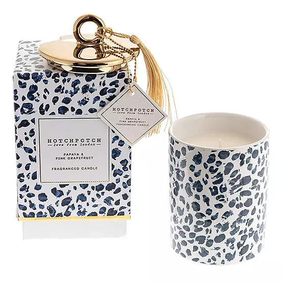 leopard scented candle with gold lid and tassel design beautifully boxed